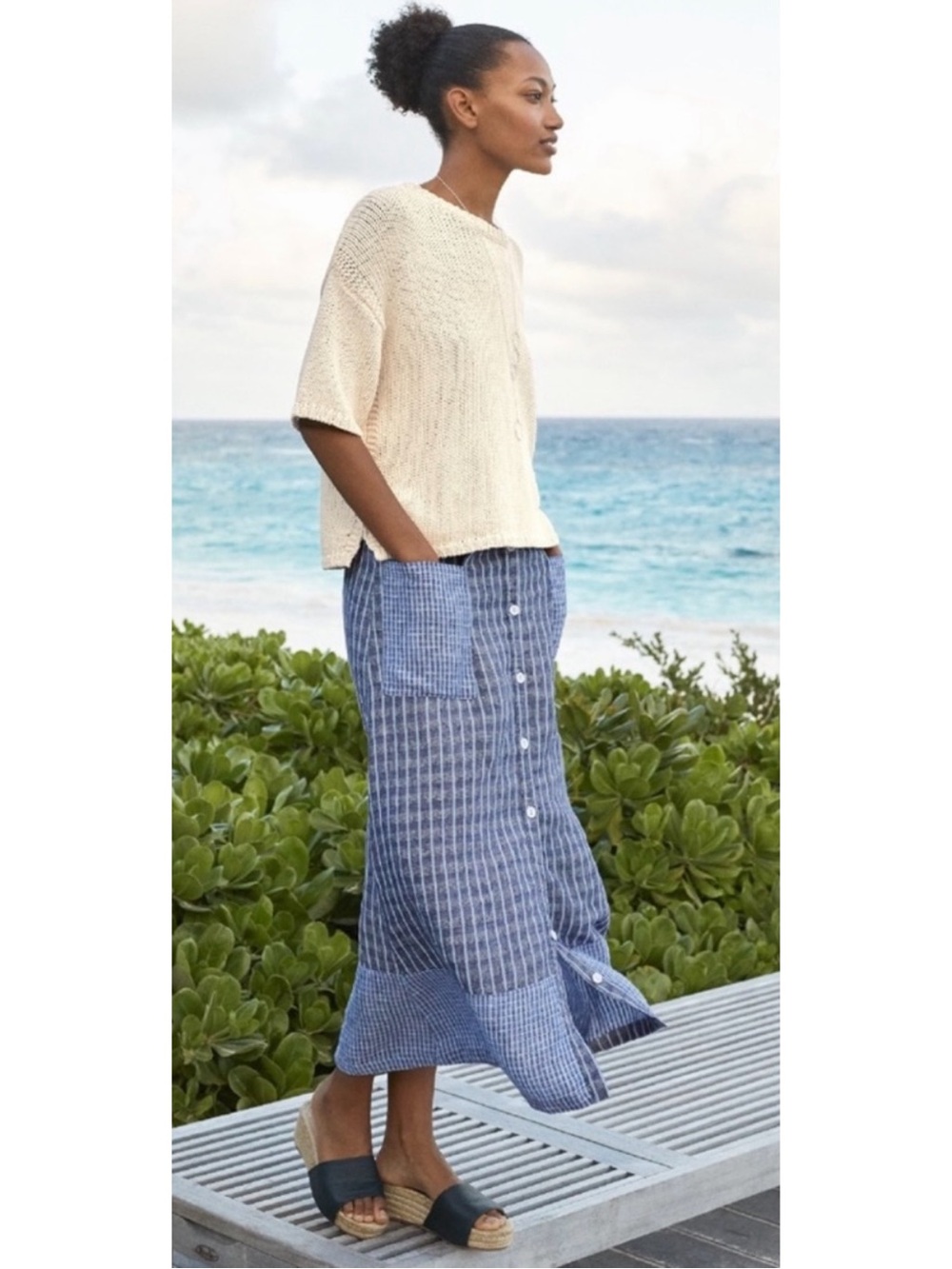 Poetry Button-Front Blue Striped 100% Linen Skirt - Size 16